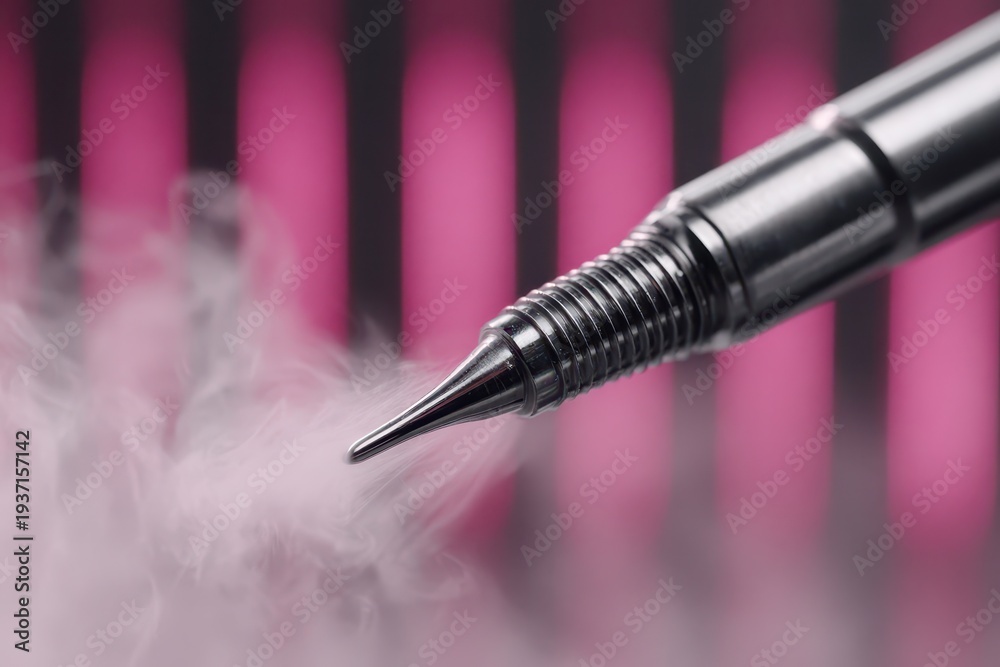 Naklejka premium Macro shot of a microblading pen emitting vapor, showcasing precision and a sterile environment, against a blurred pink backdrop indicating cosmetic procedures.