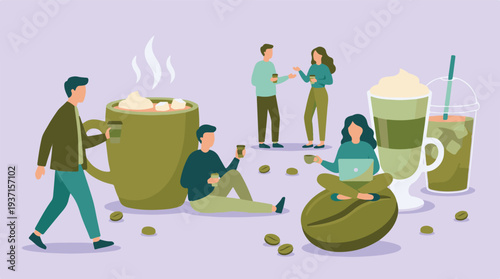 People enjoying coffee, socializing, and working in a vibrant cafe setting