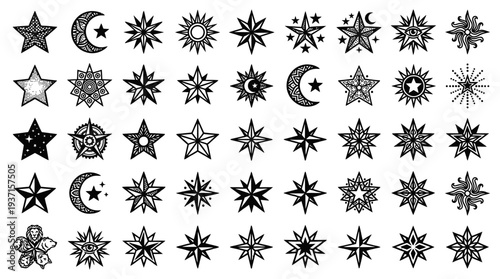 Collection of various star and moon symbols in black and white.