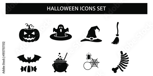 Halloween icons set featuring witch hat and broomstick symbols