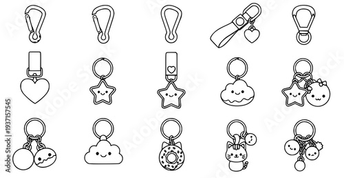 A set of cute keychain illustrations in a minimalist line art style