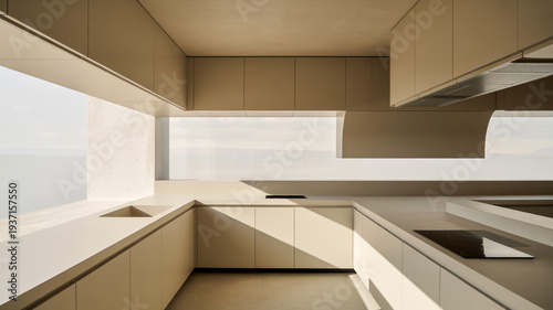Modern Kitchen Interior With Beige Cabinets And Large Windows For Home Design Concepts