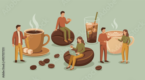 People enjoying various coffee drinks and activities in a flat illustration