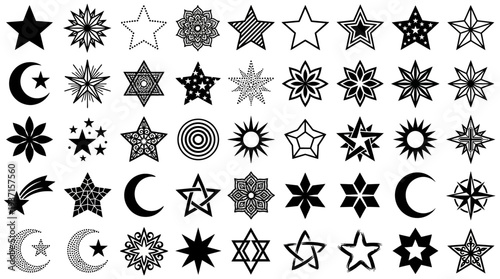 Collection of various star and moon symbols in different designs.