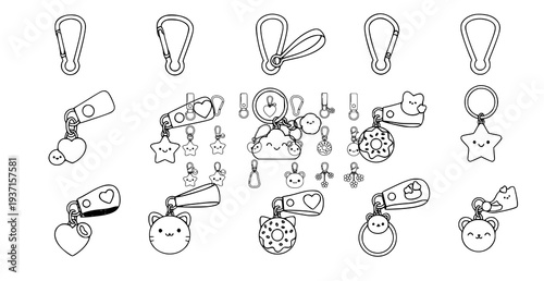 A set of cute keychains and charms in a minimalist line art style