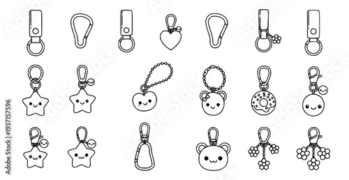 A set of cute cartoon keychains and zippers in a minimalist line art style