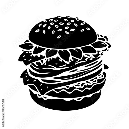Hamburger on black and white background with cheese and vegetables