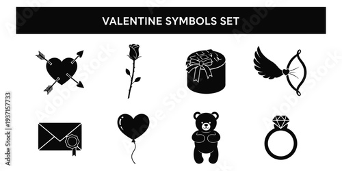 Valentine symbols set illustration featuring heart, rose, cupid, teddy, ring