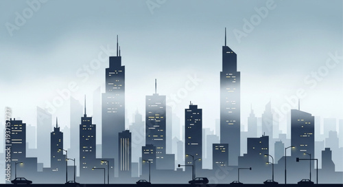 Modern City Skyline with Tall Skyscrapers and Urban Architecture.