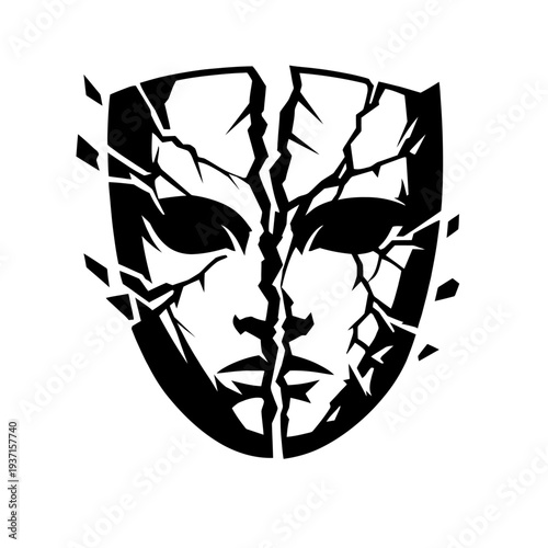 Dynamic monochrome illustration of a shattered human face mask, intricately fragmented, symbolizing identity crisis, emotional fragility, mental struggles, vulnerability, transformation, resilience, a
