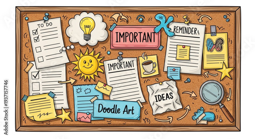 Colorful Bulletin Board with Notes and Ideas.