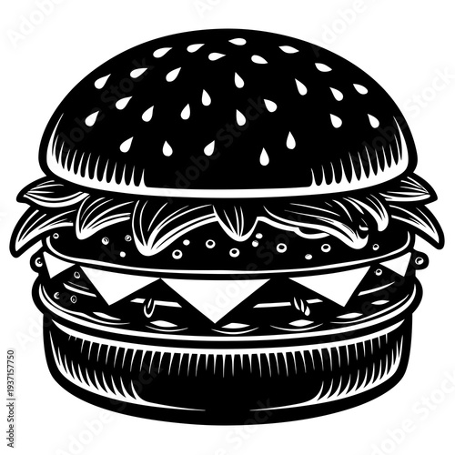 Hamburger burger sandwich with cheese lettuce and tomato on a black background illustration