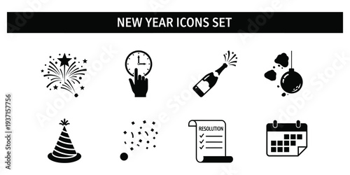 New Year celebration icons set with festive elements and calendar