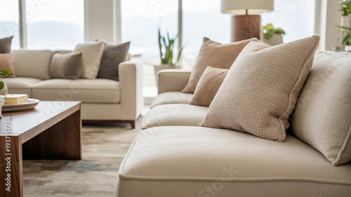 Modern Living Room Interior With Beige Sofas And Wooden Coffee Table For Home Decor Concepts