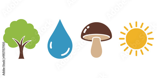 Illustration of tree, water droplet, mushroom, and sun icons