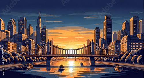 Modern City Skyline with Skyscrapers and Bridge at Sunset.