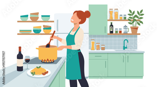 Happy woman cooking delicious Italian pasta in a modern home kitchen