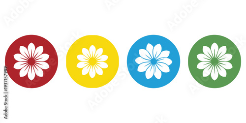 Four colorful circles with white flowers arranged horizontally in a graphic design
