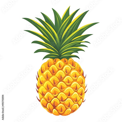 Vibrant Yellow Pineapple Fruit with Green Leafy Crown on photo White Background tropical