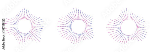 Abstract halftone sunburst set. Sound equalizer icons with lines and dots, gradient neon circular sound wave frames.  circular sound wave frames with dots.