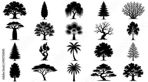 Collection of various tree silhouettes in black on white background.