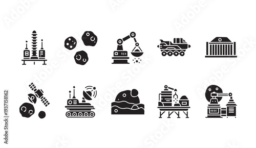 Mining and asteroid icons set for industrial use