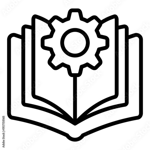 Open book with gear symbolizing knowledge and innovation icon, vector illustration.