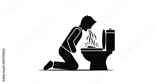 Person vomiting into a toilet bowl depicted as a stark black silhouette
