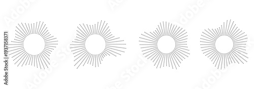 Abstract halftone sunburst set. Sound equalizer icons with lines and dots, gradient neon circular sound wave frames.  circular sound wave frames with dots.