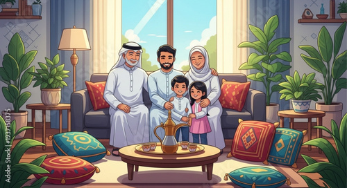 Family portrait capturing togetherness and cultural heritage in a cozy living room setting.