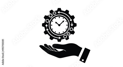 Clockwork mechanism held in a hand displaying the concept of time silhouette