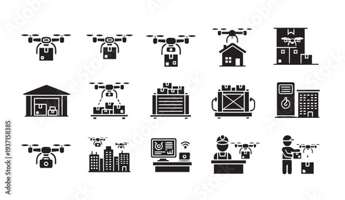 Drone delivery icons for modern logistics and transportation solutions