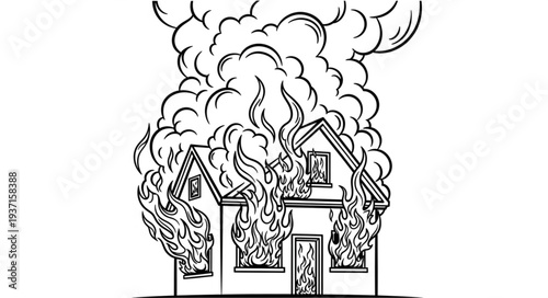 Burning house engulfed in flames, smoke billowing, a destructive inferno, disaster scene.