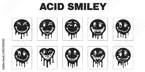 Set of various distorted smiley faces with dripping effect
