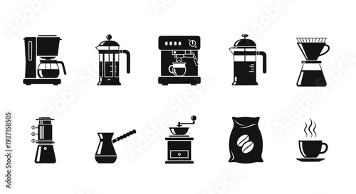 Various coffee makers and related items depicted in a black silhouette