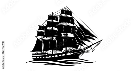 Detailed silhouette of a majestic sailing ship navigating the ocean waves with billowing sails.