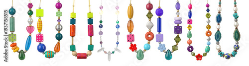 Vibrant artisan beads with colorful array of eclectic necklaces collection, whimsical glass beads, floral motifs and bold geometric shapes, playful fashion