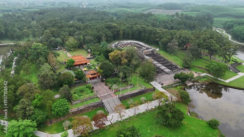 Aerial view of the ancient gia long royal tomb in hue, vietnam, a historic landmark and unesco world heritage site