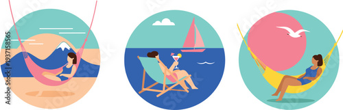 Summer beach relaxation illustration set, woman resting in hammock and chair, tropical vacation leisure concept, seaside vector design