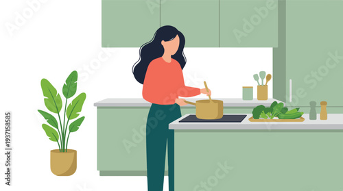 Woman cooking healthy food in a modern minimalist kitchen at home