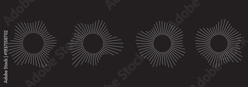 Collection of magenta and cyan white circular sound wave. Sound equalizer icons with lines and dots, white circular sound wave frames, abstract radial music icons. 