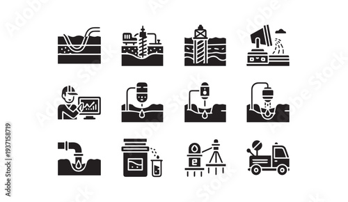 Black icons depicting various industrial and drilling operations