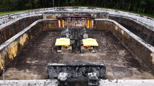 Aerial view of the ancient gia long royal tomb in hue, vietnam, a historic landmark and unesco world heritage site