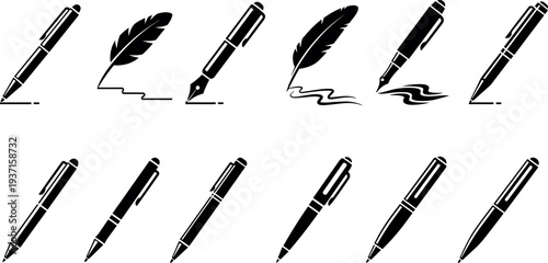 Pen writing and fountain pen icons set in black silhouette style, collection of stationery tools for signature, handwriting, calligraphy, office supplies and writing instrument design elements