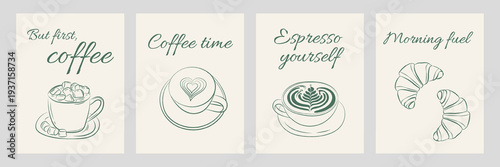 Hand drawn coffee quotes with cups, latte art and croissants in minimal vintage line art style.