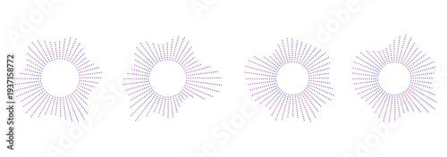 Abstract halftone sunburst set. Sound equalizer icons with lines and dots, gradient neon circular sound wave frames.  circular sound wave frames with dots.