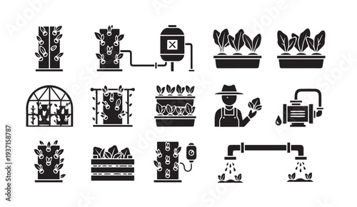 Hydroponic farming system with plants and equipment icons