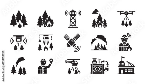 Wildfire management and prevention icons for emergency response and conservation
