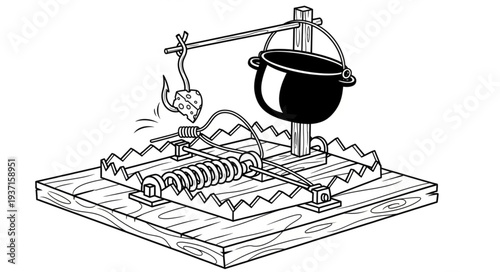 Intricate illustration of a mouse trap with a cooking pot above it.