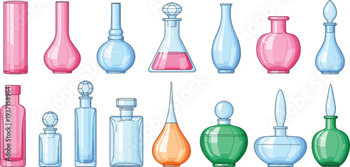 Collection of Elegant Glass Perfume Bottles with Colorful Cosmetic Containers, Luxury Fragrance Packaging Set, Decorative Beauty Product Bottle Vector Illustration